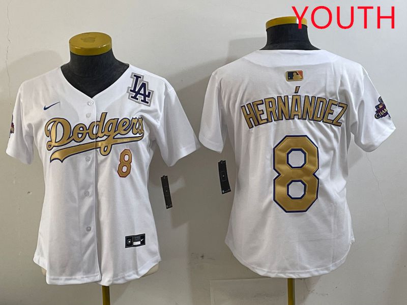 Youth Los Angeles Dodgers 8 Hernandez White Gold Game Nike 2025 MLB Jersey style 4294